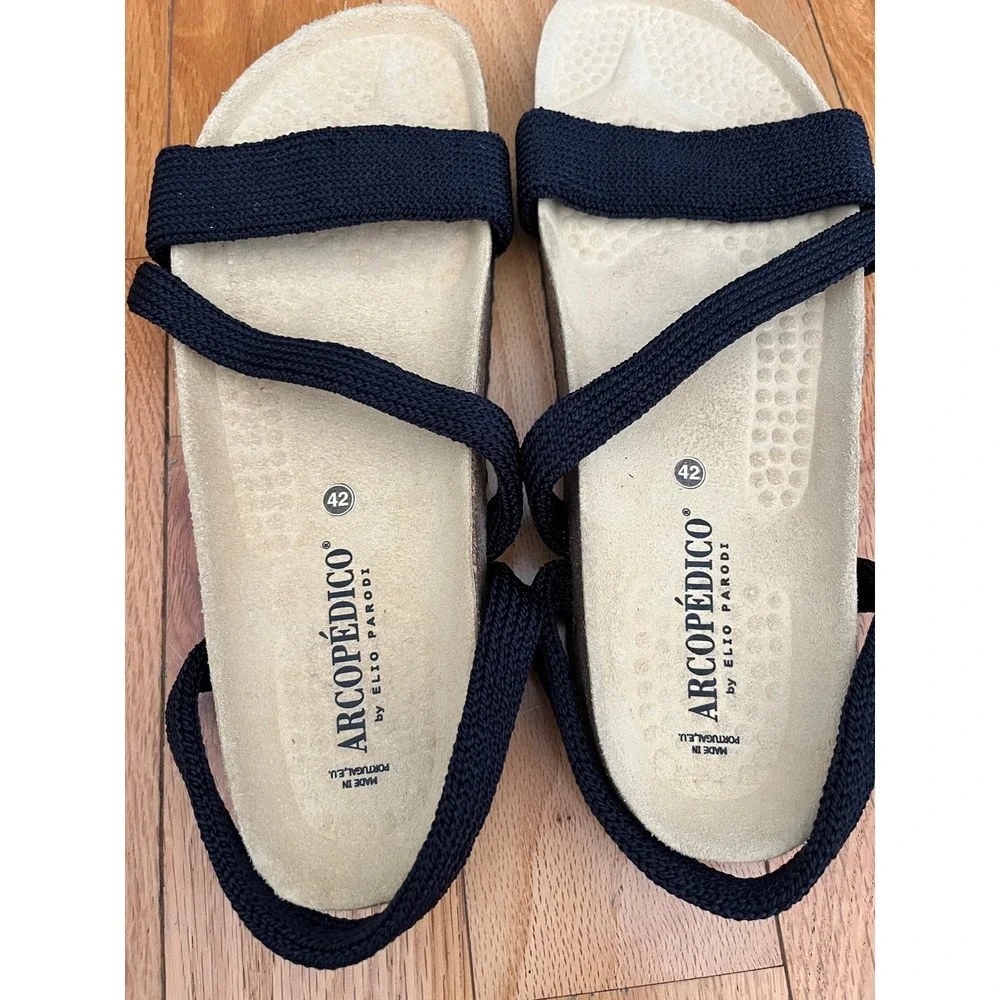 Arcopedico Womens Vega Slides Sandals Black Knit Strappy Low Flat 10.5-11/EUR 42